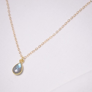 May include: A delicate gold chain necklace with a teardrop-shaped labradorite gemstone pendant.