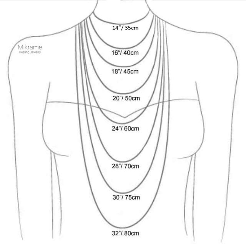 May include: A diagram showing different necklace lengths in inches and centimeters. The lengths are 14 inches/35 centimeters, 16 inches/40 centimeters, 18 inches/45 centimeters, 20 inches/50 centimeters, 24 inches/60 centimeters, 28 inches/70 centimeters, 30 inches/75 centimeters, and 32 inches/80 centimeters.