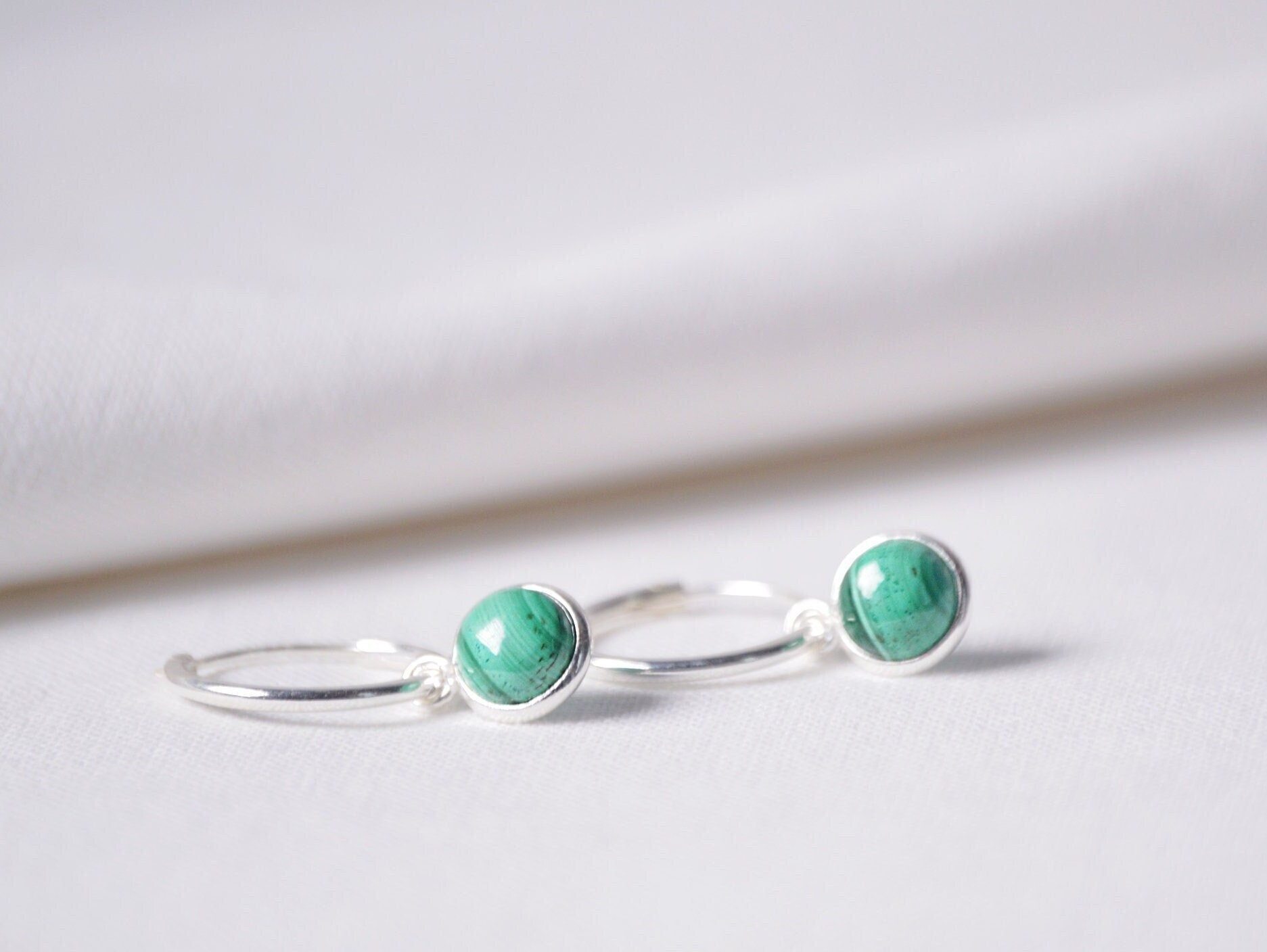 Huggie Hoop Earrings, Malachite birthstone, silver round earrings, summer gifts for her