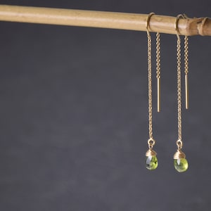 Green Peridot threader Earrings, Raw Crystal earrings, Long dangle gold drop earrings, Bohemian Gemstone Earrings