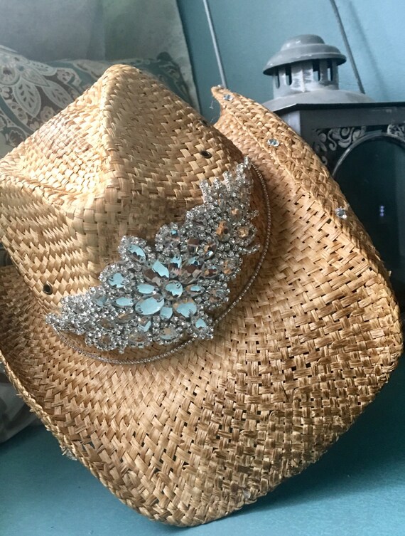 Tea stained cowboy hat rhinestone appliqué bling hats Etsy