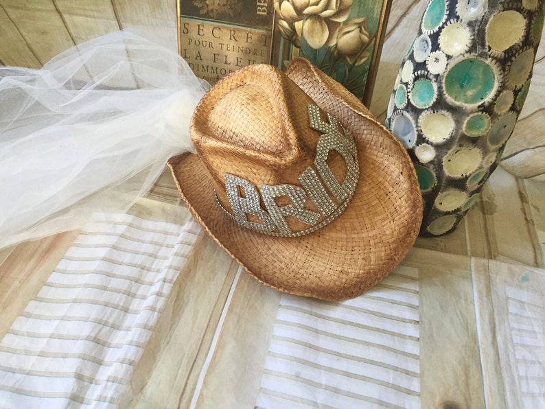 bachelorette party hats bling bride Tea stained cowboy hat custom hat hat with veil garters bachlorette veils Birthday hat
