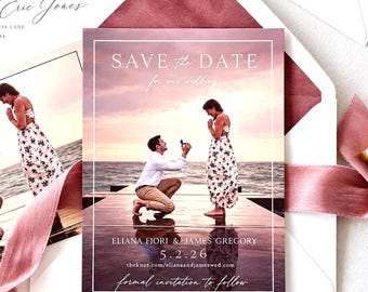 Dusty Rose Photo Save the Date Cards Personalized Wedding Announcement with Envelope Ribbon Option