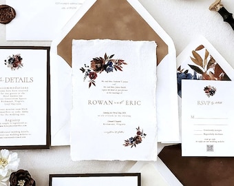 Autumn Wedding Invitation - Custom Personalized Invite for Fall Weddings, Handmade Deckle Edge Paper Invitations