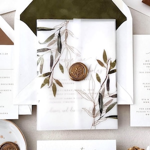 Destination Wedding Invitation Deposit Tropical Greenery Vellum Wrap Wax Seal Invitation