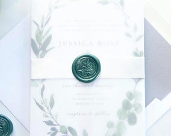 Printed Boho Greenery Wreath Wedding Invitations, Bohemian Garden Green Leaf Invitation Suite - Sample