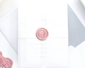 Blush Pink and Silver Vellum Wedding Invitation, Invites with reception card, wax seals  - Sample