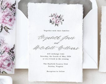 Pink Floral Wedding Invitations Peony Vellum Wrap Wax Seal Deckle Edge Handmade Paper