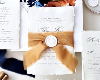 Burnt Orange Navy Blue Wedding Invitation Sample Deckled Edge Handmade Paper Fall