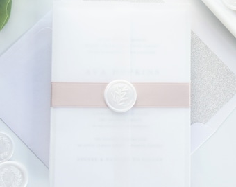 Beige Wedding Invitation Suite Retainer Custom Personalized Invite Minimal Vellum Jacket Champagne Taupe Seal