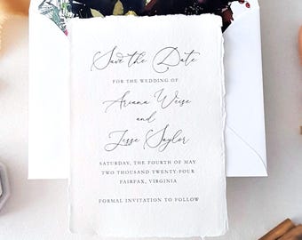 Deckle Edge Save the Date Handmade Paper Burgundy Navy Botanical Wedding Deposit