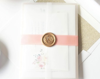 Printed Wedding Invitations Blush and Gold Watercolor Flower, Peach Ribbon Invitation - Sample