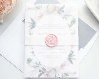 Pink and Green Flower Botanical Wedding Invitations, Boho Floral Invitation Set, Blush Invites - Deposit