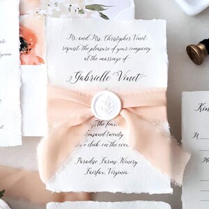 Calligraphy Script Wedding Invitation Sample Peach Botanical Deckled Edge Floral Liner