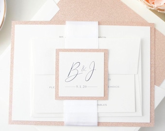 Blush Pink Wedding Invitations Rose Gold Glitter RSVP Reception Suite Deposit