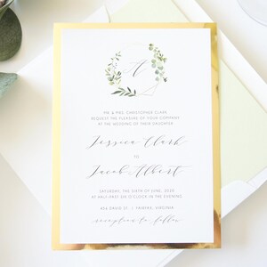 Boho Greenery and Gold Monogram Wedding Invitation, Gold Foil Paper Reflective Paper Eucalyptus Design, Gold Glitter Belly Band Wedding Invites, Bohemian Wedding Invitation Suite, Elegant Formal Classic Invitations