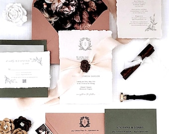 Deckle Edge Paper Wedding Invitation - Cotton Rag, Terracotta Green Desert Boho Floral Envelopes