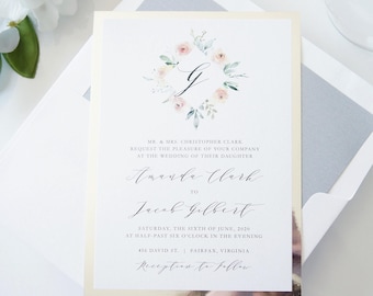 Green Botanical Monogram Wedding Invitation: Greenery, Peach and Sage, Elegant Customized Invites