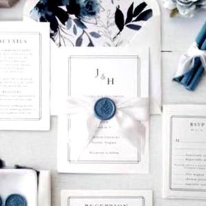 Dusty Blue Wedding Invitations Vellum Wrap Ribbon Wax Seal Elegant Invitation Suite