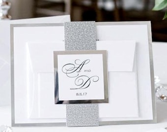 Silver Wedding Invitations Elegant Glitter Belly Band Formal Invite Set Deposit