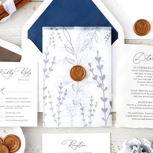 Dusty Blue Wedding Invitation Sample: Invite with Vellum Jacket Printed on Torn Edge Paper