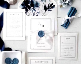 Dusty Blue Wedding Invitations - Vellum Wrap Ribbon Wax Seal Elegant Invitation Suite