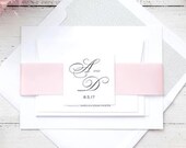 Blush Wedding Invitation Suite Sample Ribbon Belly Band Monogram Romantic Elegant Classic Invite