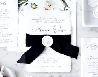 Rustic Botanical Wedding Invitation Sample Black White Deckled Edge Handmade Paper Ribbon