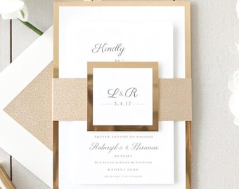 Luxury Gold Wedding Invitations Glitter Belly Band Formal RSVP Suite Deposit