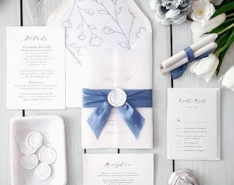 Dusty Blue Wedding Invitations - Vellum Wrap Silk Ribbon Wax Seal Elegant Invitation Suite