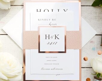 Rose Gold Glitter Wedding Invitations Blush Elegant Invite Suite Belly Band Deposit