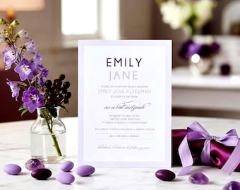 Invitación de Bat Mitzvah morada / Invitaciones modernas personalizadas en lavanda y plata con cinta