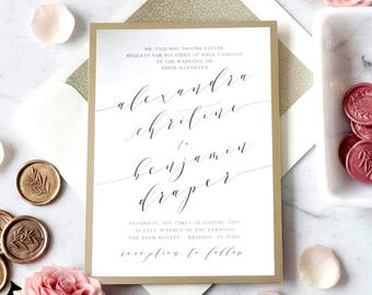 Blush and Gold Wedding Invitations, Calligraphy Script Invites, Gold Glitter Envelope Liners - Sample