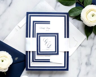 Navy Blue Wedding Invitations | Modern Elegant Monogram Invitation Suite with RSVP Card