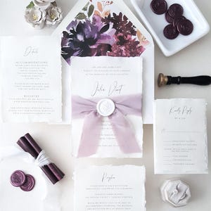 Purple Wedding Invitation Suite, Lilac and Plum Deckle Edge Paper Invitations, Silk Ribbon and White Wax Seal, Boho Floral Envelopes-Deposit