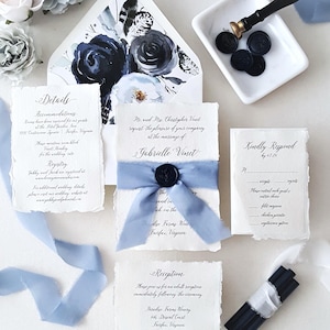 Navy and Sky Blue Deckle Edge Wedding Invitation Suite, Cotton Rag Paper, Torn Edges, Modern Calligraphy Script - Sample