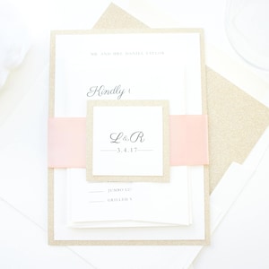 Peach and Gold Glitter Wedding Invitations, Pink Belly Band Wrap, Layered Invitation Cards with RSVP- Deposit