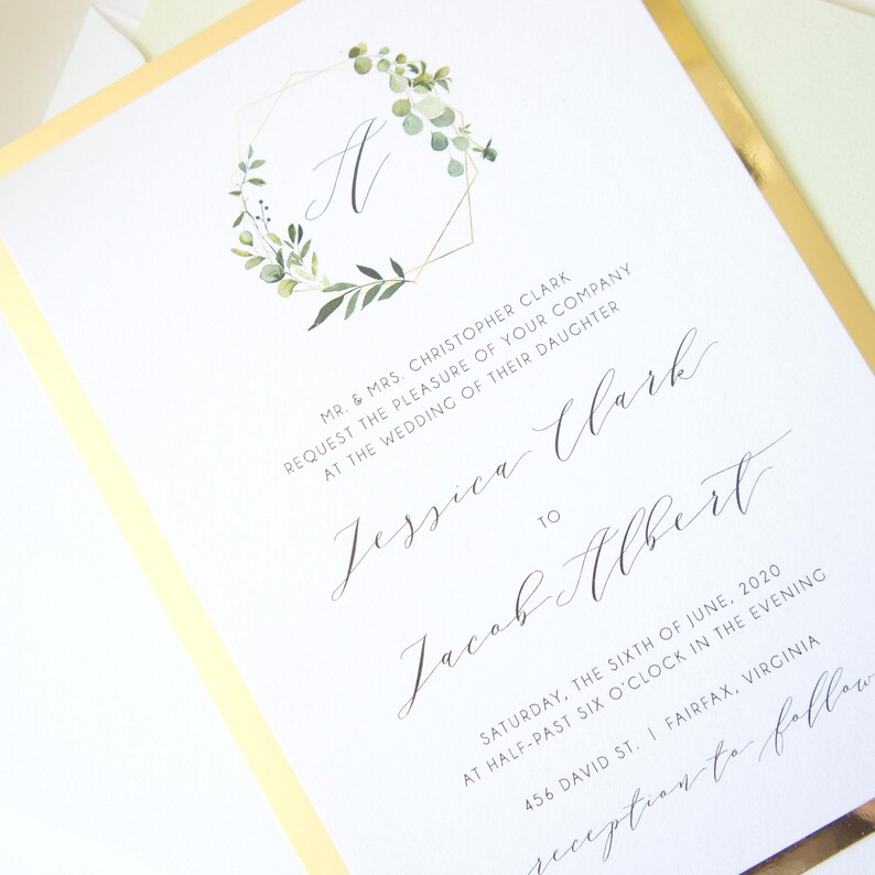 Boho Greenery and Gold Monogram Wedding Invitation, Gold Foil Paper Reflective Paper Eucalyptus Design, Gold Glitter Belly Band Wedding Invites, Bohemian Wedding Invitation Suite, Elegant Formal Classic Invitations