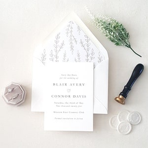 Carte Save the Date gris classique, enveloppe à imprimé botanique, cartes/enveloppes Save the Date, gris argenté - DÉPÔT