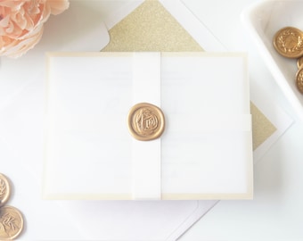 Printed Wedding Invites Classic Gold Wax Seal Vellum Jacket Wedding Invitation Suite, Elegant Invite Set - Sample