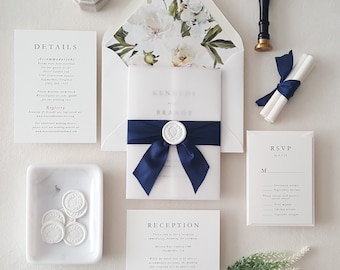 Navy Blue Botanical Wedding Invitation, Elegant Invites with ribbon, Floral Envelope, Wax Seal Invitations - Deposit