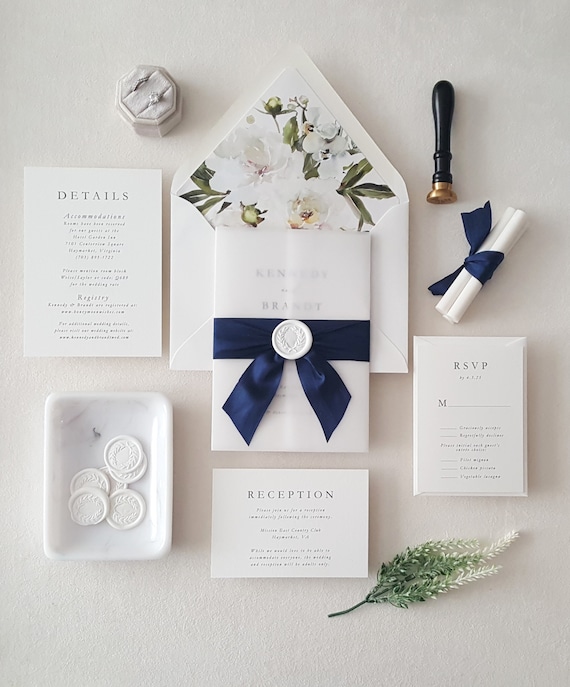 Navy Blue Monogram Wedding Invitation Template Botanical 