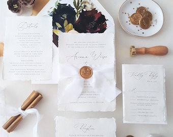 Elegant Gold Wedding Invitation, Silk Ribbon Wax Seal Wedding Invitations, Handmade Paper, Deckled Paper Wedding Invite - Deposit