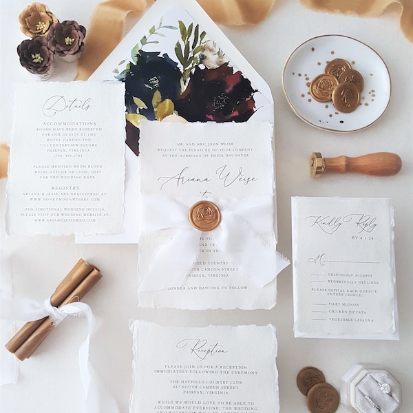 Elegant Gold Wedding Invitation, Silk Ribbon Wax Seal Wedding Invitations, Handmade Paper, Deckled Paper Wedding Invite - Deposit