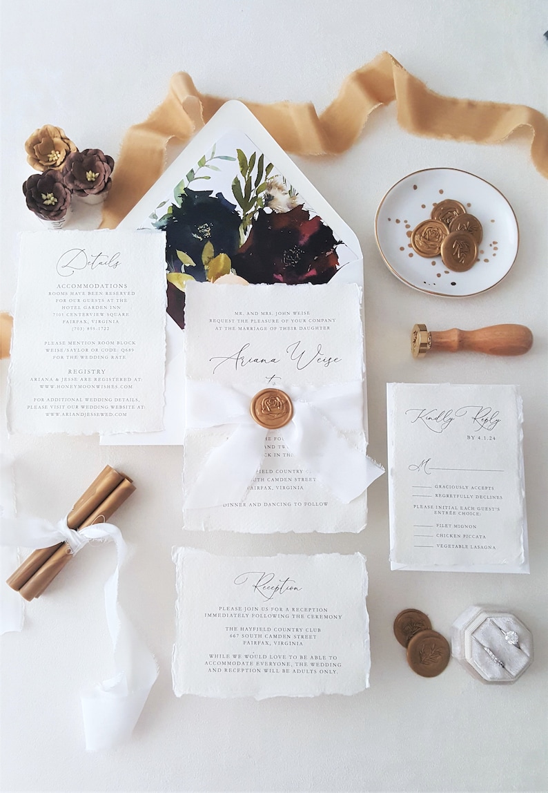Elegant Gold Wedding Invitation, Silk Ribbon Wax Seal Wedding Invitations, Handmade Paper, Deckled Paper Wedding Invite Deposit image 1
