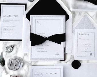 Invitaciones de boda de etiqueta (Black Tie) - Conjunto de invitaciones formales en blanco y negro con cinta de seda