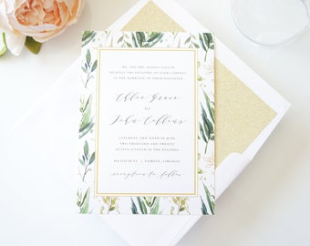 Tropical Greenery Wedding Invitations, Green Wedding Invitation Suite, Printed Wedding Invitations, Boho Wedding Invitations - Deposit