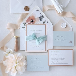 Peach and Mint Wedding Invitations, Blue Green Ribbon Invitation Suite, Rose Gold Blush Layered Card, Botanical Flower Invite- Sample