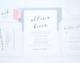 Light Pink Modern Script Wedding Invitations, Modern Calligraphy Wedding Invitation, Pink and Silver Wedding Invitation - Deposit