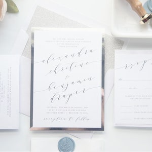 Dusty Blue Wax Seal Silver Wedding Invitation, Invite Suite, Dusty Blue Wax Stamp, Vellum Jacket, rsvp and accommodation card - Deposit